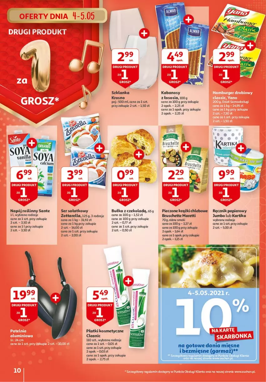 Gazetka promocyjna Auchan - 25 Urodziny #2 Hipermarkety - ważna 29.04 do 05.05.2021 - strona 10 - produkty: Bruschette, Bułka, Chleb, Cleanic, Kabanos, Napój, Napój roślinny, Papier, Piec, Płatki kosmetyczne, Ręcznik, Sałat, Sante, Ser, Sos, Szklanka, Zott, Zottarella