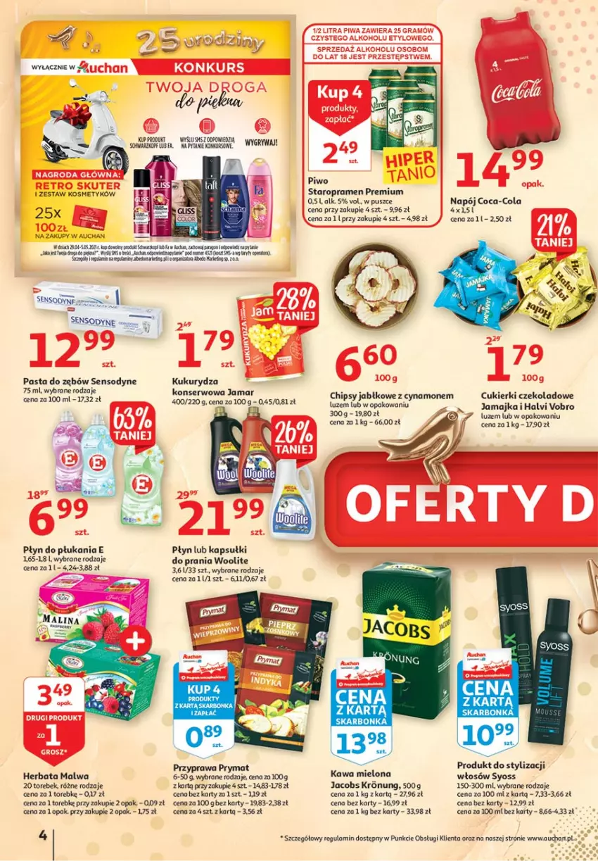 Gazetka promocyjna Auchan - 25 Urodziny #2 Hipermarkety - ważna 29.04 do 05.05.2021 - strona 4 - produkty: Chipsy, Coca-Cola, Cukier, Cukierki, Cukierki czekoladowe, Fa, Gry, Herbata, Jacobs, Kapsułki do prania, Kawa, Kawa mielona, Koc, Kosz, Kukurydza, Kukurydza konserwowa, Napój, Pasta do zębów, Piwo, Płyn do płukania, Prymat, Schwarzkopf, Sensodyne, Ser, Syoss, Woolite