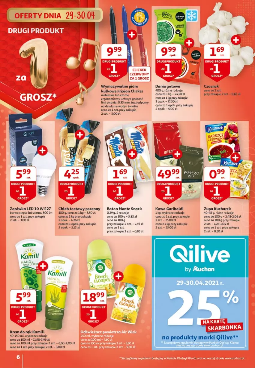 Gazetka promocyjna Auchan - 25 Urodziny #2 Hipermarkety - ważna 29.04 do 05.05.2021 - strona 6 - produkty: Baton, Chleb, Chleb tostowy, Czosnek, Danie gotowe, Kamill, Kawa, Krem do rąk, Kucharek, Monte, Por, Tusz, Zupa