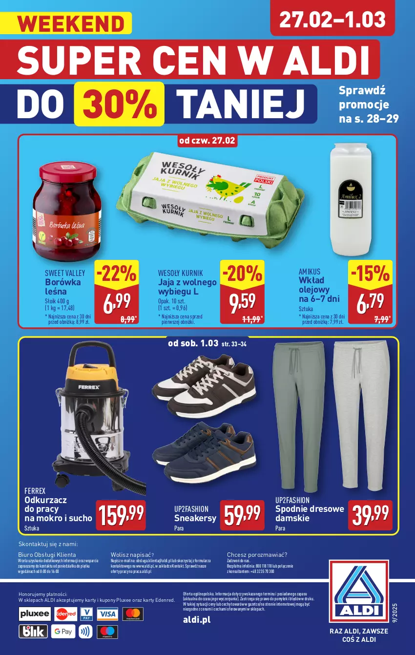 Gazetka promocyjna Aldi - Pełna oferta - ważna 24.02 do 01.03.2025 - strona 36 - produkty: Biuro, Borówka, Dres, Fa, Jaja, O nas, Odkurzacz, Olej, Por, Sneakersy, Spodnie, Spodnie dresowe, Wkład olejowy