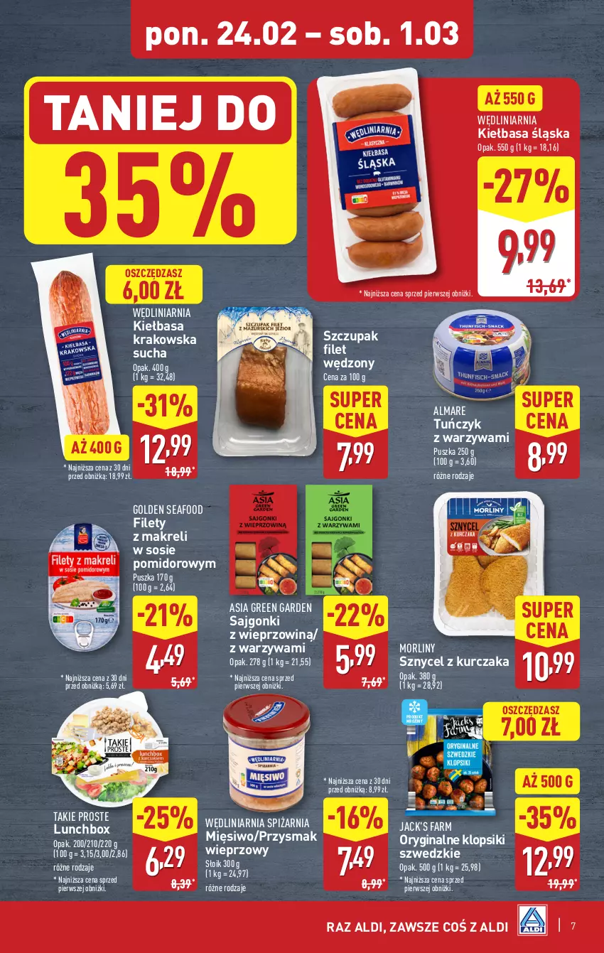 Gazetka promocyjna Aldi - Pełna oferta - ważna 24.02 do 01.03.2025 - strona 7 - produkty: Fa, Gin, Golden Seafood, Kiełbasa, Kiełbasa krakowska, Kiełbasa śląska, Klopsiki, Kurczak, Morliny, Sajgonki, Sos, Tuńczyk, Warzywa, Zupa