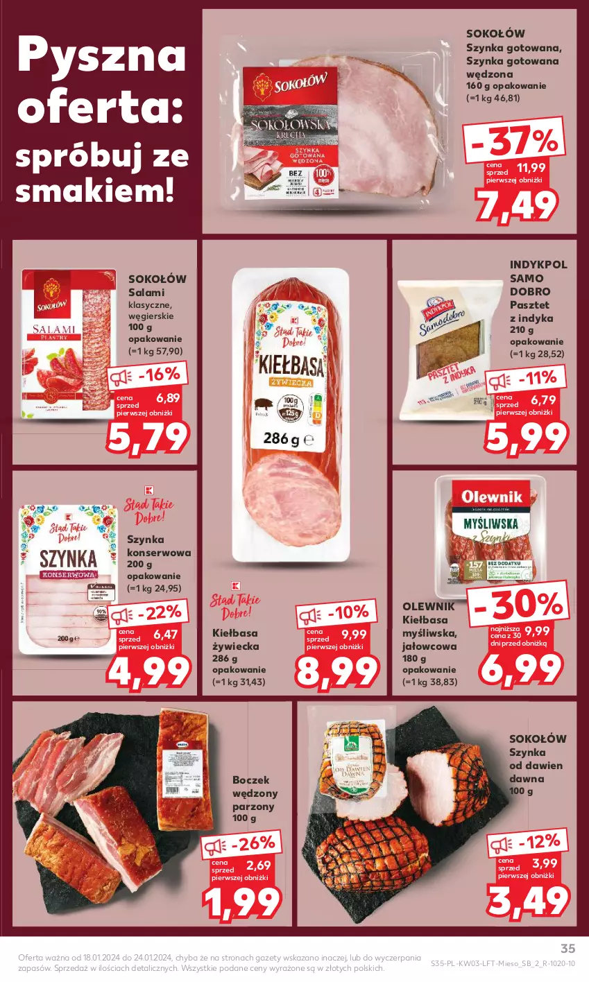 Gazetka promocyjna Kaufland - Gazetka tygodnia - ważna 18.01 do 24.01.2024 - strona 35 - produkty: Boczek, Kiełbasa, Olewnik, Pasztet, Pasztet z indyka, Salami, Ser, Sok, Sokołów, Szynka, Szynka konserwowa