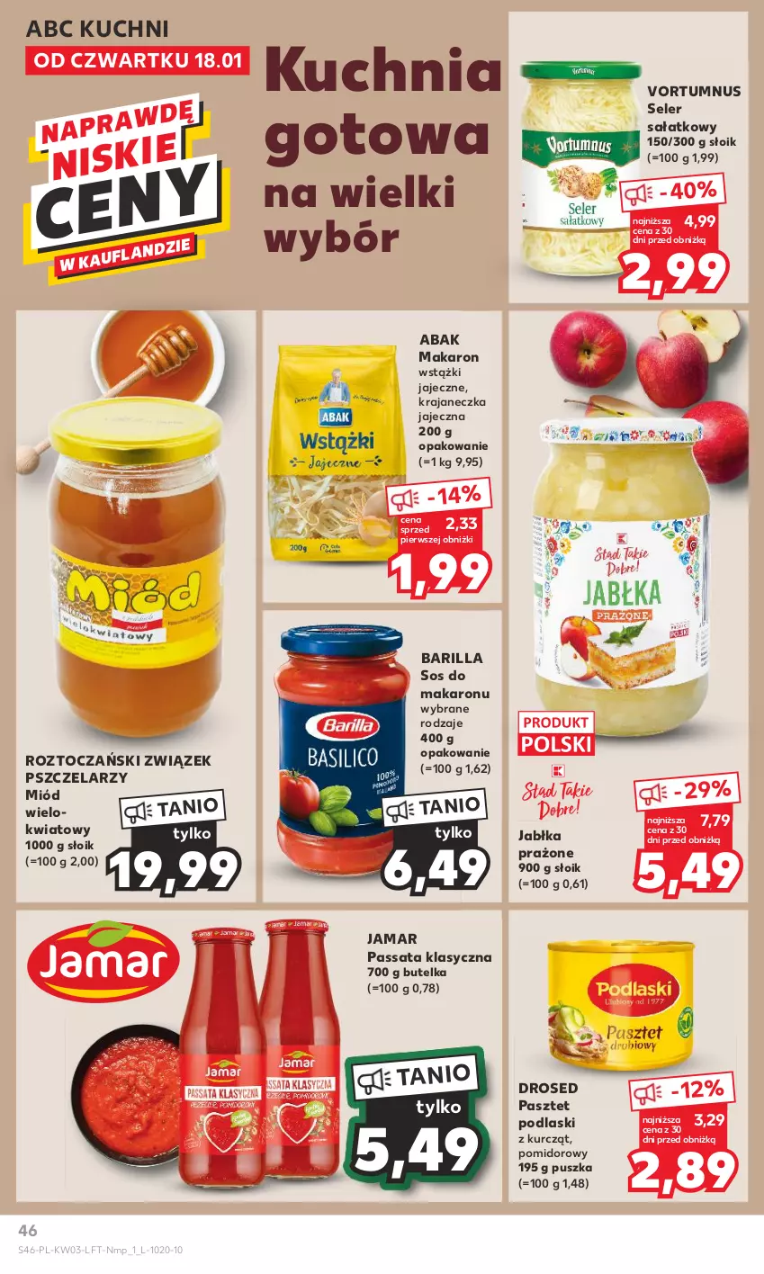 Gazetka promocyjna Kaufland - Gazetka tygodnia - ważna 18.01 do 24.01.2024 - strona 46 - produkty: Barilla, Jabłka, Jabłka prażone, Kuchnia, Makaron, Miód, Pasztet, Podlaski, Sałat, Sos, Sos do makaronu