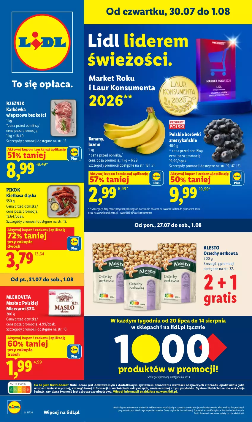 Gazetka promocyjna Lidl - Gazetka ważna od 30.07. do 01.08. - ważna 30.07 do 01.08.2026 - strona 1 - produkty: Banany, Gra, Karkówka wieprzowa, Kiełbasa, Kiełbasa śląska, Laur, Masło, Mleko, Mlekovita, PIKOK