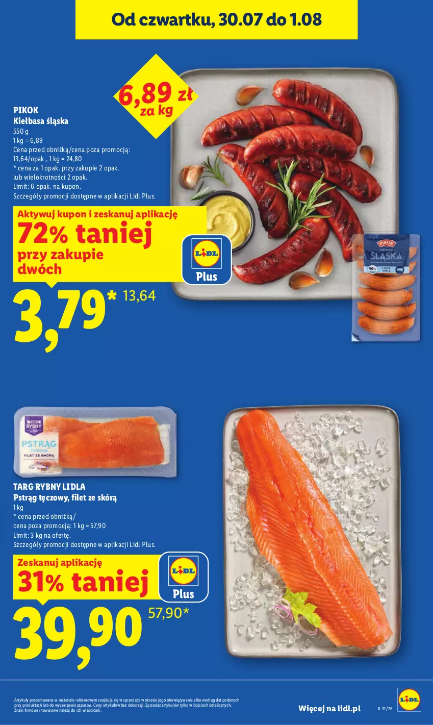 Gazetka promocyjna Lidl - Gazetka ważna od 30.07. do 01.08. - ważna 30.07 do 01.08.2026 - strona 13 - produkty: Kiełbasa, Kiełbasa śląska, PIKOK, Pstrąg, Pstrąg tęczowy