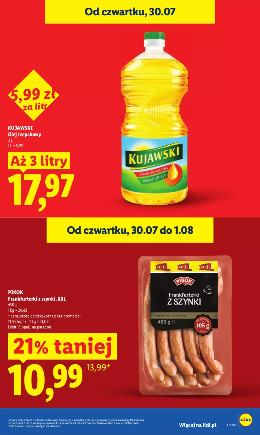 Gazetka promocyjna Lidl - Gazetka ważna od 30.07. do 01.08. - ważna 30.07 do 01.08.2026 - strona 15 - produkty: Frankfurterki, Kujawski, Olej, Olej rzepakowy, PIKOK