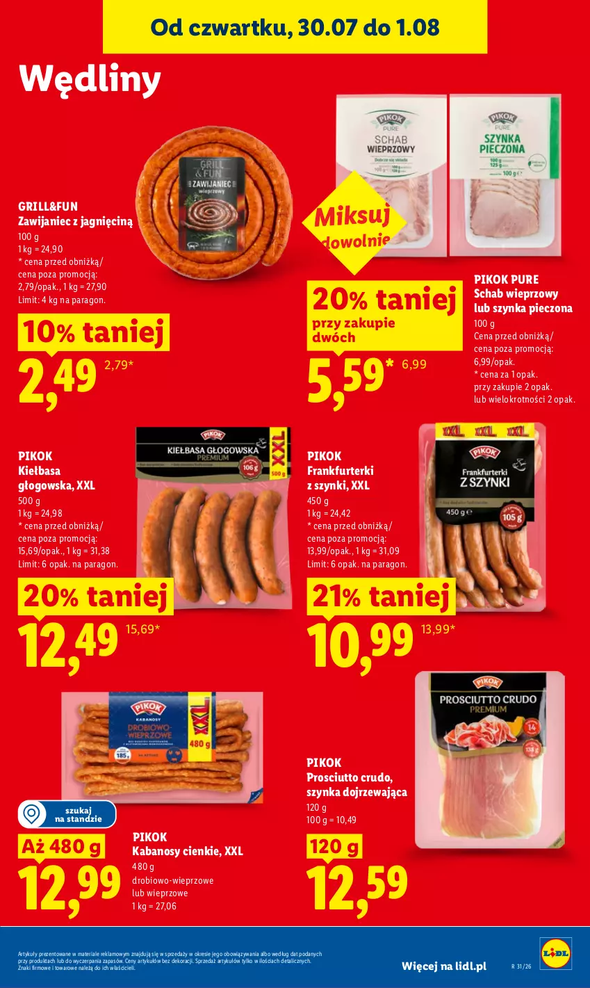 Gazetka promocyjna Lidl - Gazetka ważna od 30.07. do 01.08. - ważna 30.07 do 01.08.2026 - strona 65 - produkty: Frankfurterki, Grill, Kabanos, Kiełbasa, Kiełbasa głogowska, Piec, PIKOK, Prosciutto, Pur, Schab wieprzowy, Szynka