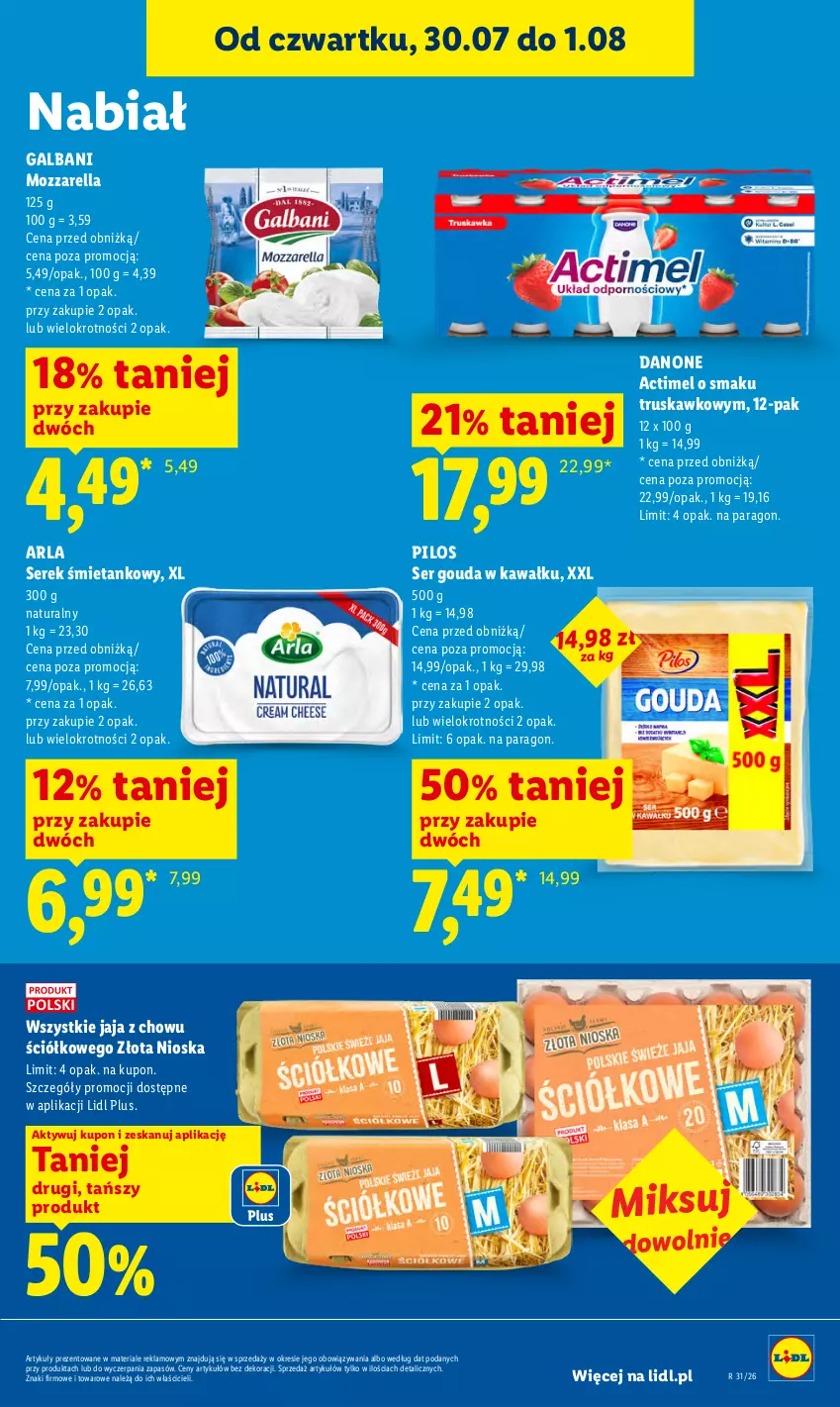 Gazetka promocyjna Lidl - Gazetka ważna od 30.07. do 01.08. - ważna 30.07 do 01.08.2026 - strona 69 - produkty: Actimel, Danone, Galbani, Gouda, Jaja, Kawa, Laur, Mozzarella, Pilos, Ser, Serek