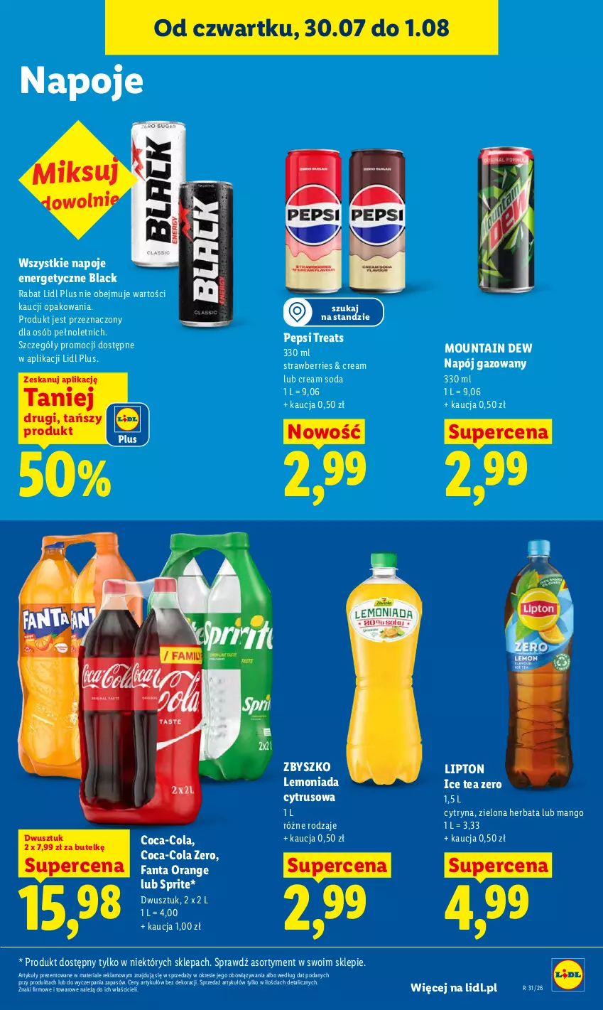 Gazetka promocyjna Lidl - Gazetka ważna od 30.07. do 01.08. - ważna 30.07 do 01.08.2026 - strona 75 - produkty: Coca-Cola, Fa, Fanta, Herbata, Ice tea, Lack, Lemoniada, Lipton, Mango, Napój, Napój gazowany, Napoje, Pepsi, Sprite