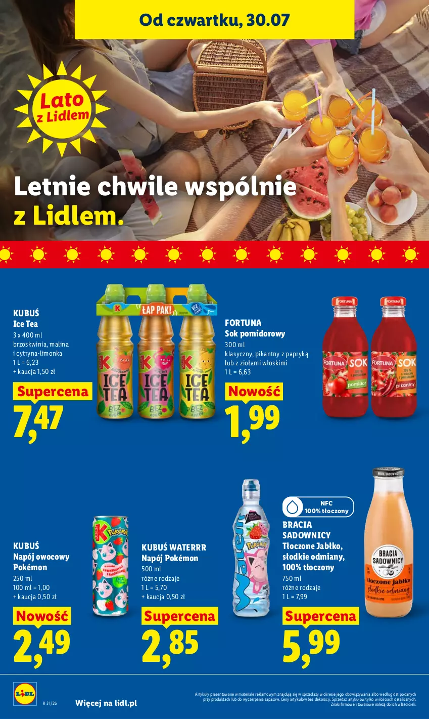 Gazetka promocyjna Lidl - Gazetka ważna od 30.07. do 01.08. - ważna 30.07 do 01.08.2026 - strona 76 - produkty: Fortuna, Ice tea, Kubuś, Kubuś Waterrr, Limonka, Napój, Pokémon, Sok, Sok pomidorowy