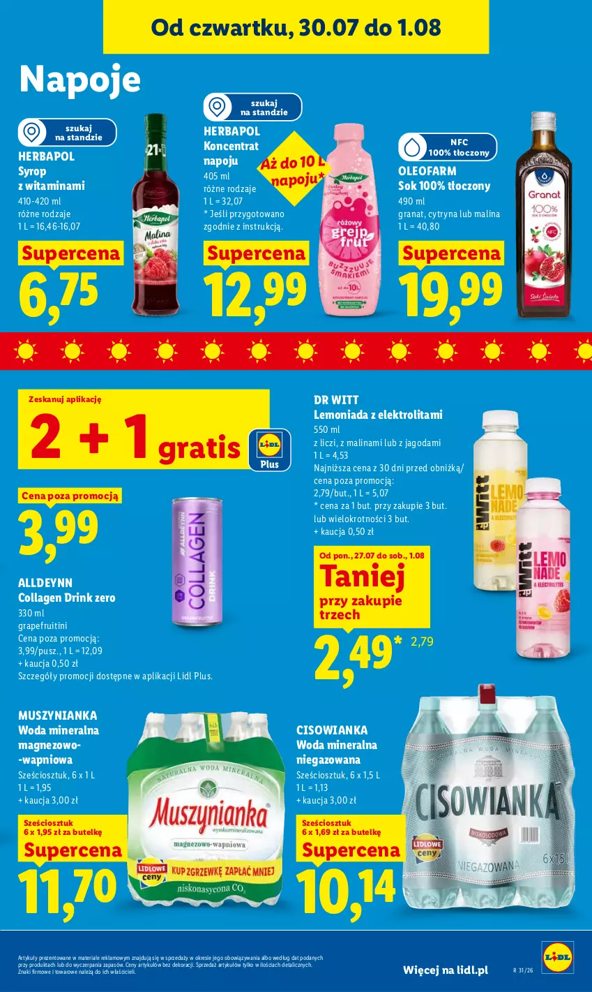Gazetka promocyjna Lidl - Gazetka ważna od 30.07. do 01.08. - ważna 30.07 do 01.08.2026 - strona 77 - produkty: Cisowianka, Fa, Gra, Granat, Herbapol, Lemoniada, Liczi, Magnez, Mus, Muszynianka, Napoje, Oleo, Oleofarm, Sok, Syrop, Woda, Woda mineralna