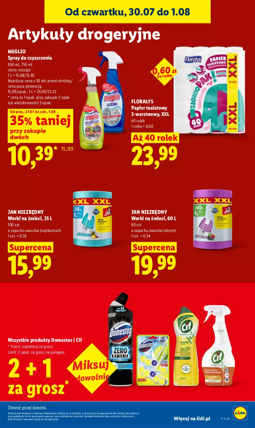 Gazetka promocyjna Lidl - Gazetka ważna od 30.07. do 01.08. - ważna 30.07 do 01.08.2026 - strona 93 - produkty: Cif, Domestos, Flora, Jan Niezbędny, Papier, Papier toaletowy, Spray do czyszczenia, Worki na śmiec, Worki na śmieci