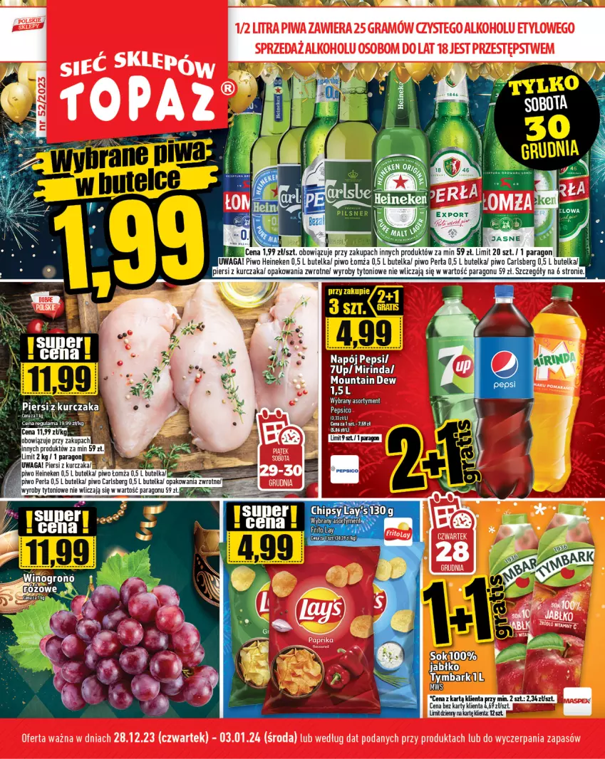 Gazetka promocyjna Topaz - Gazetka - ważna 28.12.2023 do 03.01.2024 - strona 1 - produkty: 7up, Carlsberg, Gra, Heineken, Kurczak, Mirinda, Napój, Pepsi, Perła, Piwa, Piwo, Waga