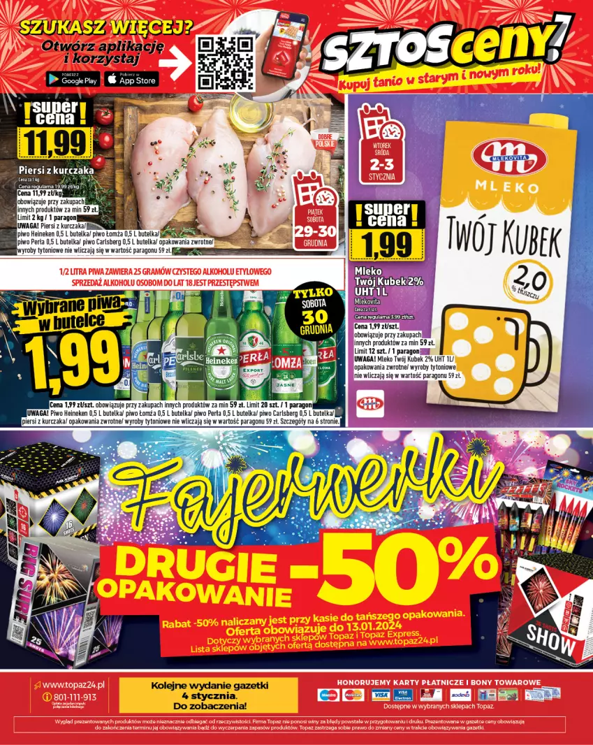 Gazetka promocyjna Topaz - Gazetka - ważna 28.12.2023 do 03.01.2024 - strona 24 - produkty: Carlsberg, Heineken, Kubek, Kurczak, Mleko, Olej, Perła, Piwo, Waga