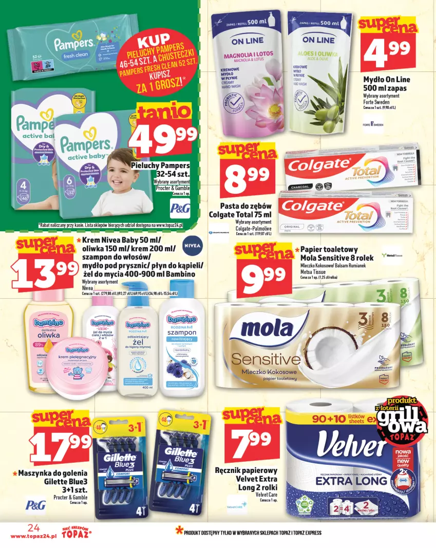 Gazetka promocyjna Topaz - Gazetka - ważna 02.05 do 07.05.2025 - strona 24 - produkty: Colgate, Colgate Total, Kokos, LG, Maszynka, Maszynka do golenia, Mleczko, Mola, Mydło, Nivea, Nivea Baby, Palmolive, Pampers, Papier, Papier toaletowy, Pasta do zębów, Płyn do kąpieli, Ręcznik, Rolki, Rum, Szampon, Szynka, Top