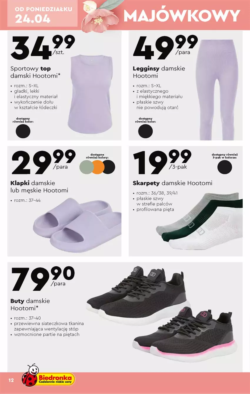 Gazetka promocyjna Biedronka - Okazje tygodnia od 24.04 - ważna 24.04 do 10.05.2023 - strona 12 - produkty: Buty, Gin, Karp, Klapki, Legginsy, Por, Sport, Top