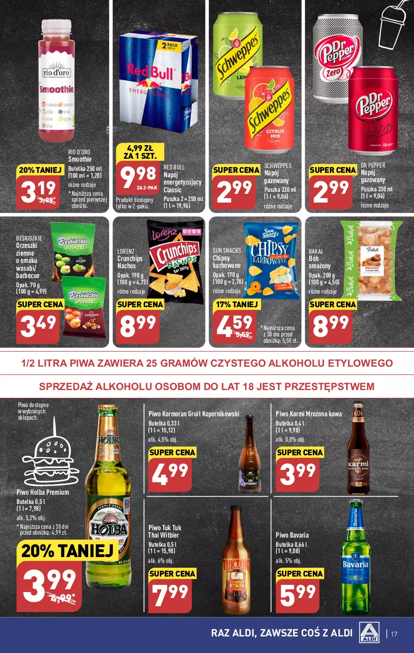 Gazetka promocyjna Aldi - Pełna oferta - ważna 25.09 do 30.09.2023 - strona 17 - produkty: Beskidzki, Chipsy, Crunchips, Gra, Karmi, Kawa, Lorenz, Napój, Orzeszki, Orzeszki ziemne, Piwa, Piwo, Red Bull, Schweppes, Smoothie, Wasa