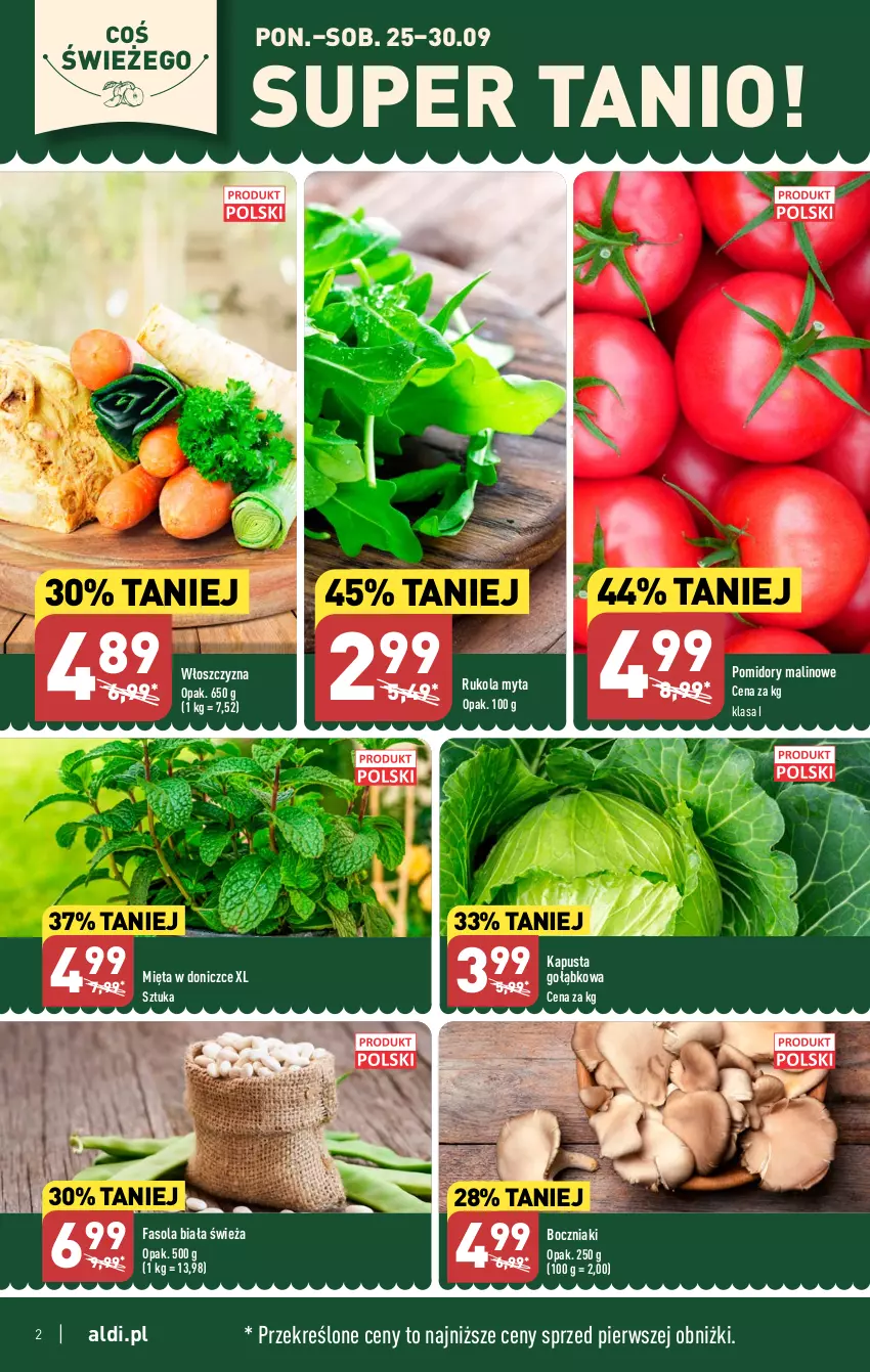 Gazetka promocyjna Aldi - Pełna oferta - ważna 25.09 do 30.09.2023 - strona 2 - produkty: Boczniak, Fa, Fasola, Mięta, Pomidory, Rukola