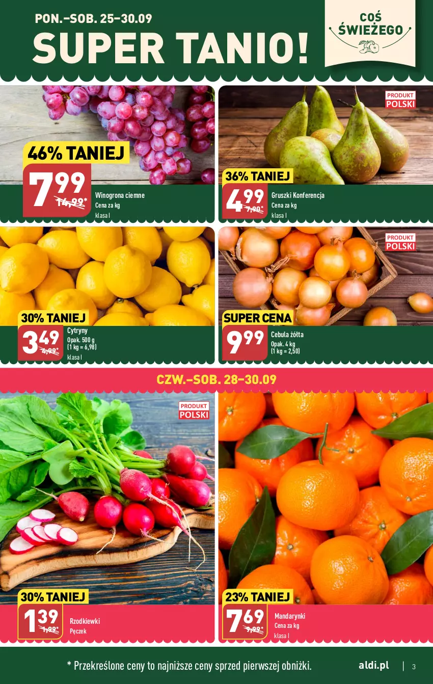 Gazetka promocyjna Aldi - Pełna oferta - ważna 25.09 do 30.09.2023 - strona 3 - produkty: Cebula, Cytryny, Gruszki, Mandarynki, Wino, Winogrona