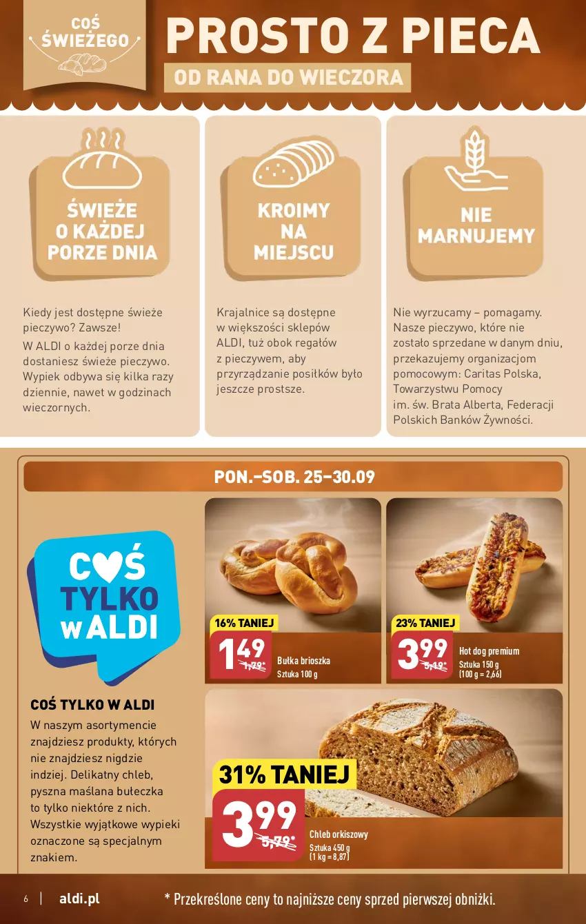 Gazetka promocyjna Aldi - Pełna oferta - ważna 25.09 do 30.09.2023 - strona 6 - produkty: Bułka, Bułka brioszka, Chleb, Hot dog, LANA, Piec, Pieczywo, Por, Regał