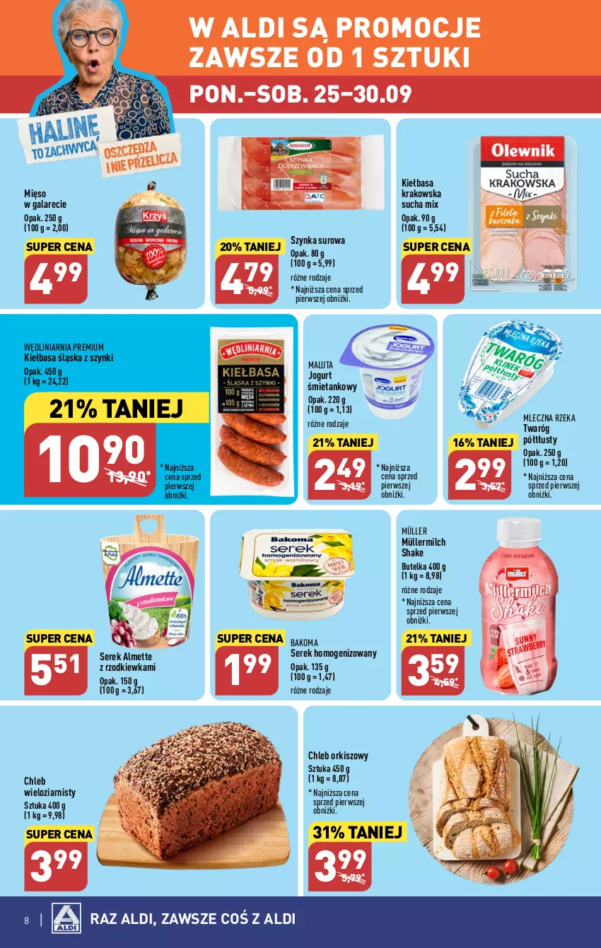 Gazetka promocyjna Aldi - Pełna oferta - ważna 25.09 do 30.09.2023 - strona 8 - produkty: Almette, Bakoma, Chleb, Chleb wieloziarnisty, Gala, Jogurt, Kiełbasa, Kiełbasa krakowska, Kiełbasa śląska, Mięso, Mięso w galarecie, Mleczna Rzeka, Müller, Müllermilch, Rzodkiewka, Ser, Serek, Serek homogenizowany, Szynka, Twaróg