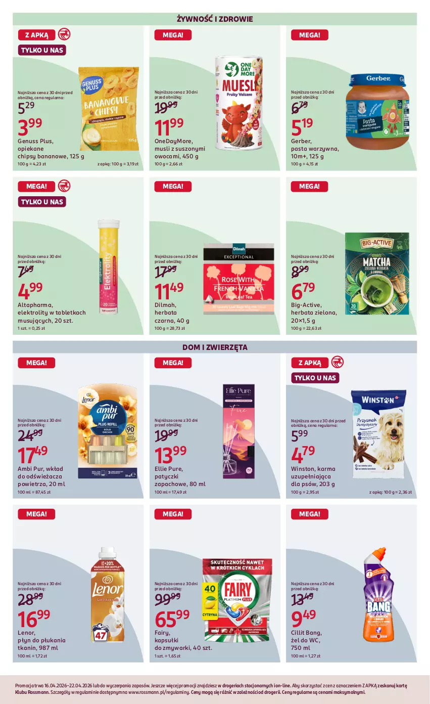 Gazetka promocyjna Rossmann - Gazetka promocyjna Rossmanna - ważna 16.04 do 22.04.2026 - strona 3 - produkty: Ambi Pur, Chipsy, Cillit Bang, Dilmah, Fa, Fairy, Genuss Plus, Gerber, Herbata, Herbata czarna, Lenor, Mus, Pasta warzywna, Płyn do płukania, Pur, Tablet, Winston, Zdrowie, Zmywarki, Zwierzęta