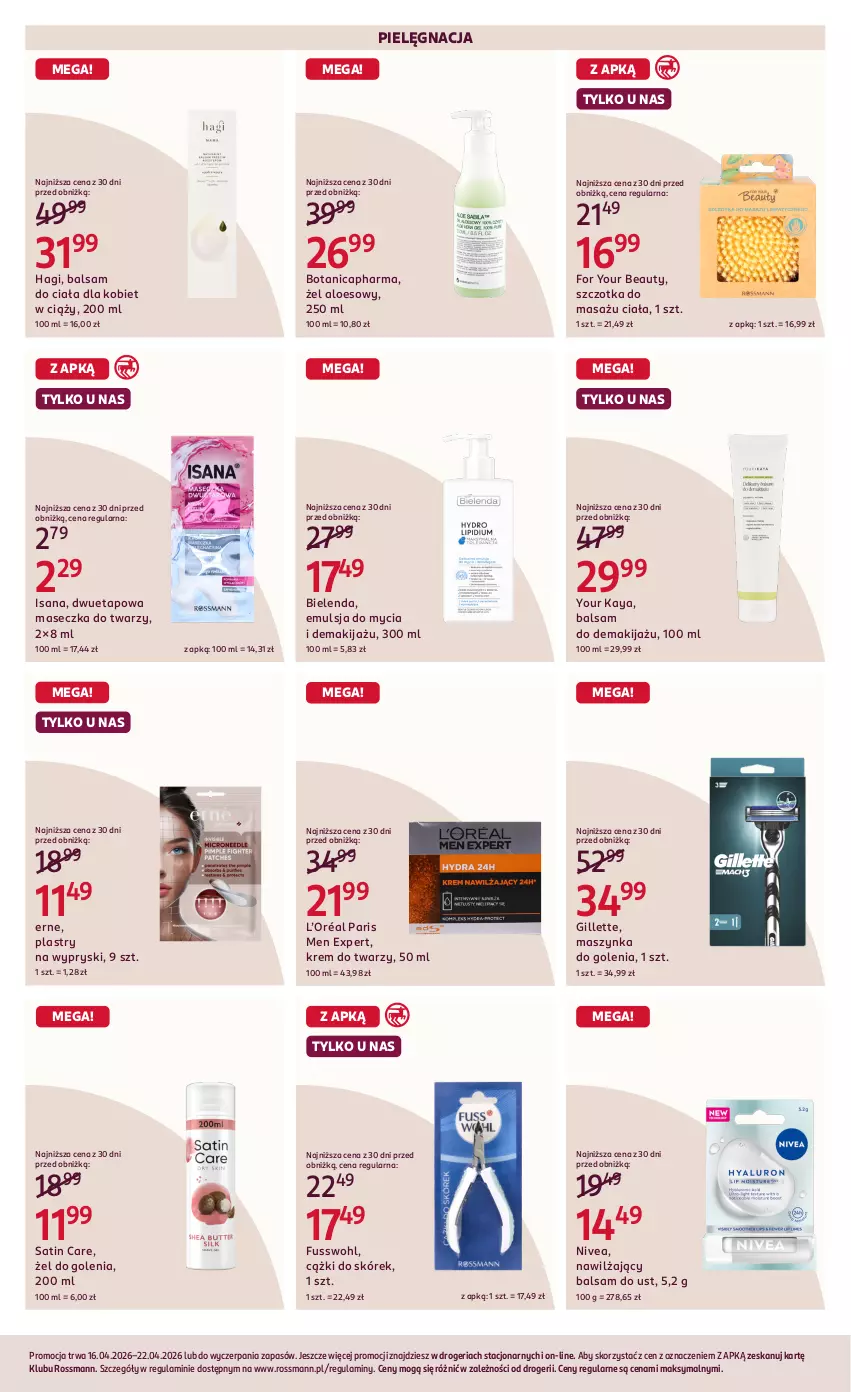 Gazetka promocyjna Rossmann - Gazetka promocyjna Rossmanna - ważna 16.04 do 22.04.2026 - strona 4 - produkty: Balsam do ciała, Balsam do ust, Bielenda, Cążki, Cążki do skórek, Emulsja, Emulsja do mycia, For Your Beauty, Gillette, Isana, Krem do twarzy, L’Oréal, Makijaż, Maszynka, Maszynka do golenia, Nawilżający balsam, Nivea, Sati, Szczotka, Szynka