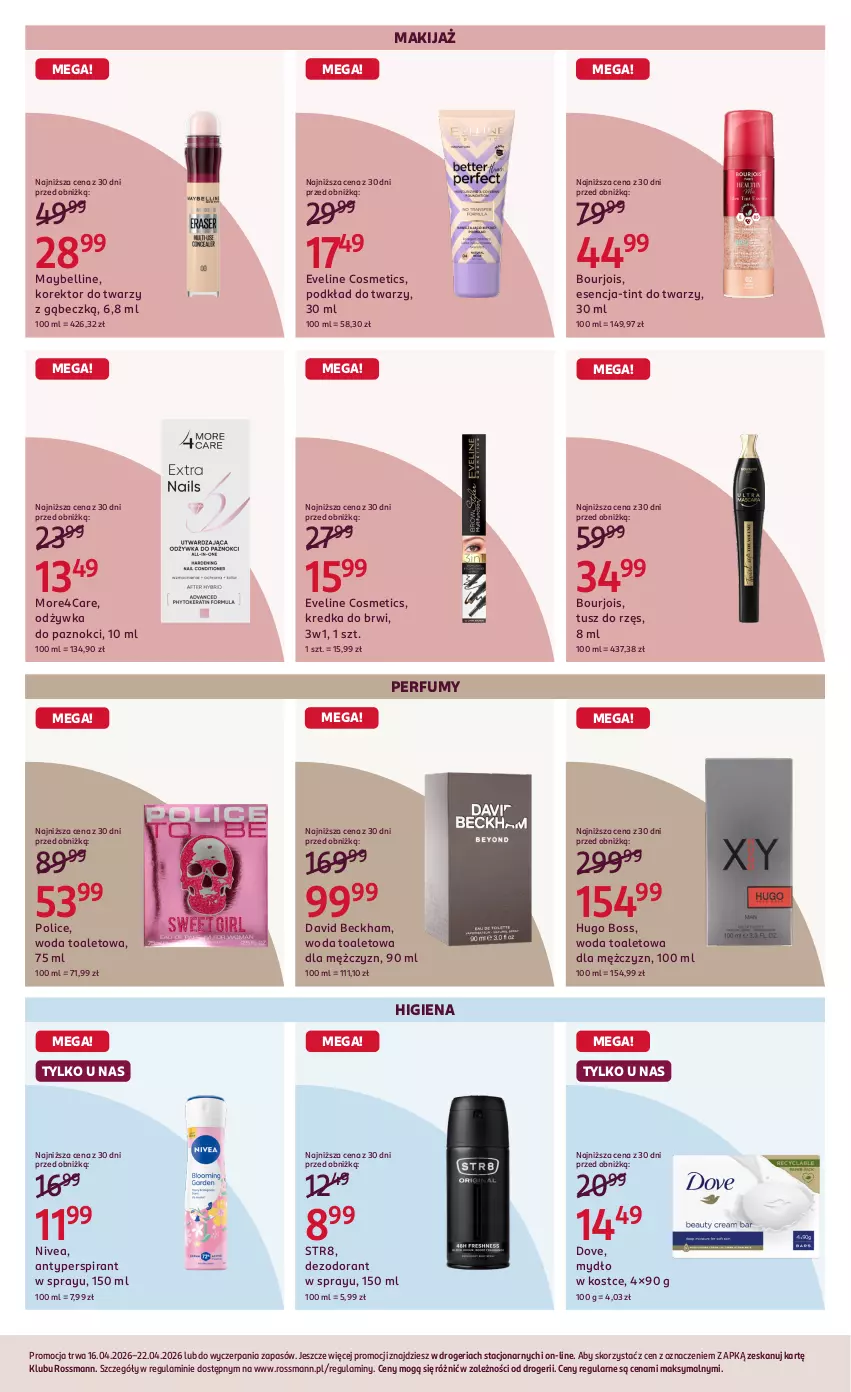 Gazetka promocyjna Rossmann - Gazetka promocyjna Rossmanna - ważna 16.04 do 22.04.2026 - strona 6 - produkty: Antyperspirant, Bell, Bourjois, David Beckham, Dezodorant, Dove, Eveline, Hugo Boss, Korektor do twarzy, Kredka, Kredka do brwi, Makijaż, Maybelline, Mydło, Nivea, Odżywka, Perfum, Podkład, Podkład do twarzy, Str8, Tusz, Woda, Woda toaletowa