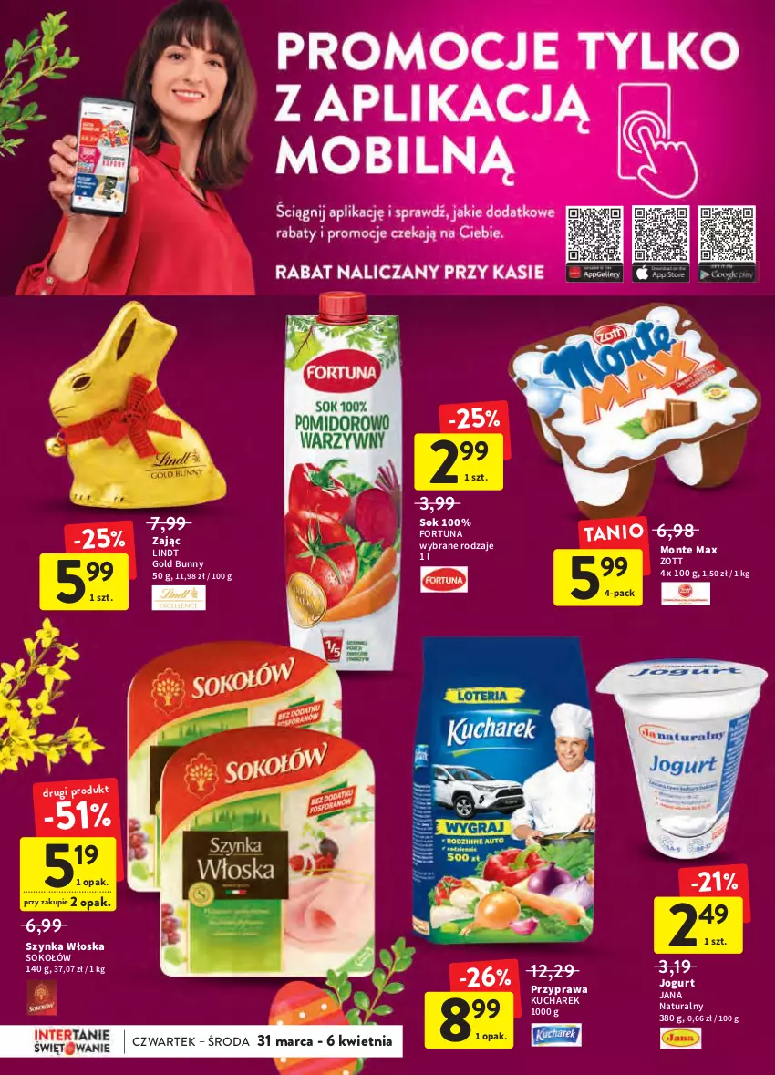 Gazetka promocyjna Intermarche - Świąteczne sprzątanie - ważna 31.03 do 06.04.2022 - strona 12 - produkty: Fortuna, Jogurt, Kucharek, Lindt, Monte, Sok, Sokołów, Szynka, Zott