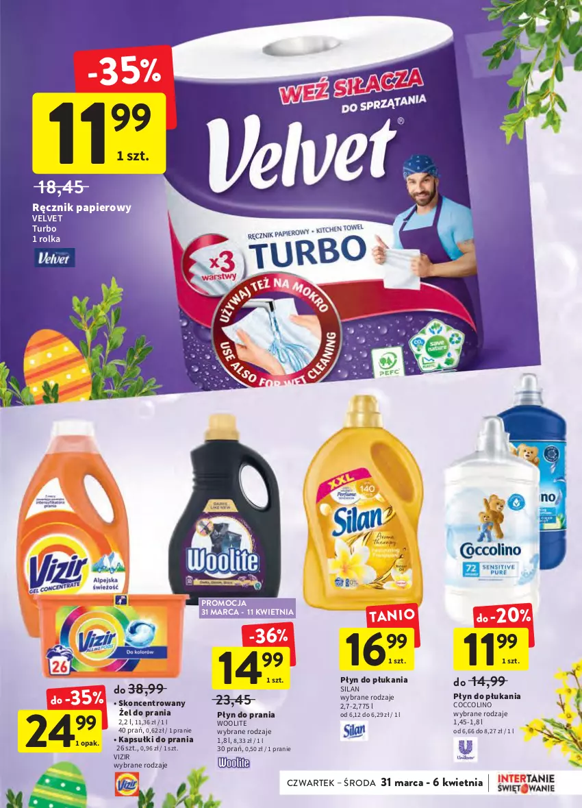 Gazetka promocyjna Intermarche - Świąteczne sprzątanie - ważna 31.03 do 06.04.2022 - strona 39 - produkty: Coccolino, Kapsułki do prania, Papier, Płyn do płukania, Płyn do prania, Ręcznik, Silan, Velvet, Vizir, Woolite