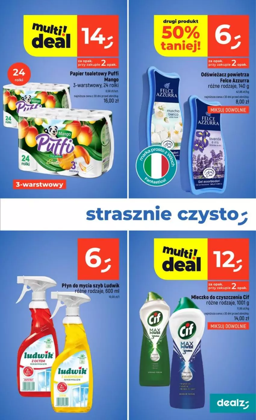 Gazetka promocyjna Dealz - NOWA GAZETKA - ważna 15.10 do 21.10.2026 - strona 33 - produkty: Cif, Ludwik, Mango, Mleczko, Odświeżacz powietrza, Papier, Papier toaletowy, Płyn do mycia, Puf, Rolki