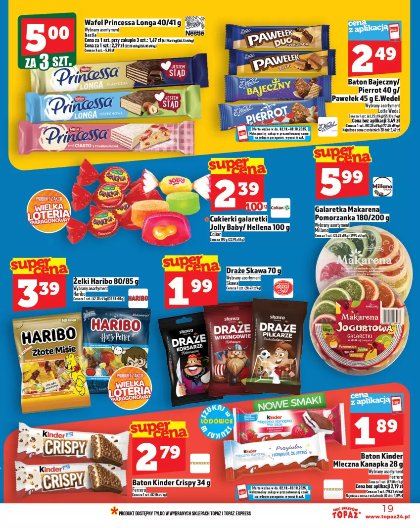 Gazetka promocyjna Topaz - Gazetka - ważna 02.10 do 08.10.2025 - strona 19 - produkty: Baton, Ferrero, Haribo, Kinder, Mleczna kanapka, Princessa, Top