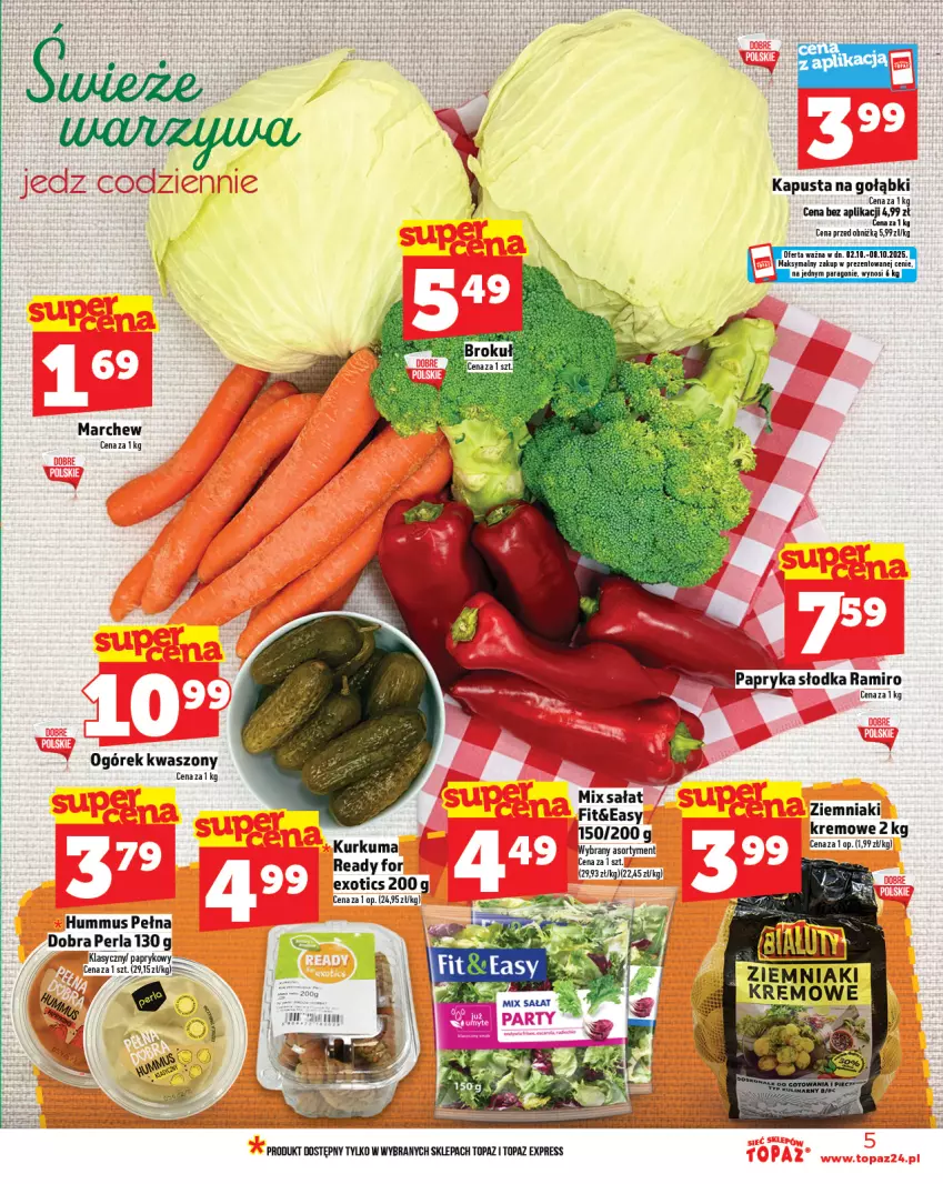 Gazetka promocyjna Topaz - Gazetka - ważna 02.10 do 08.10.2025 - strona 5 - produkty: Hummus, Kurkuma, Mus, Ogórek, Sałat, Top, Ziemniaki