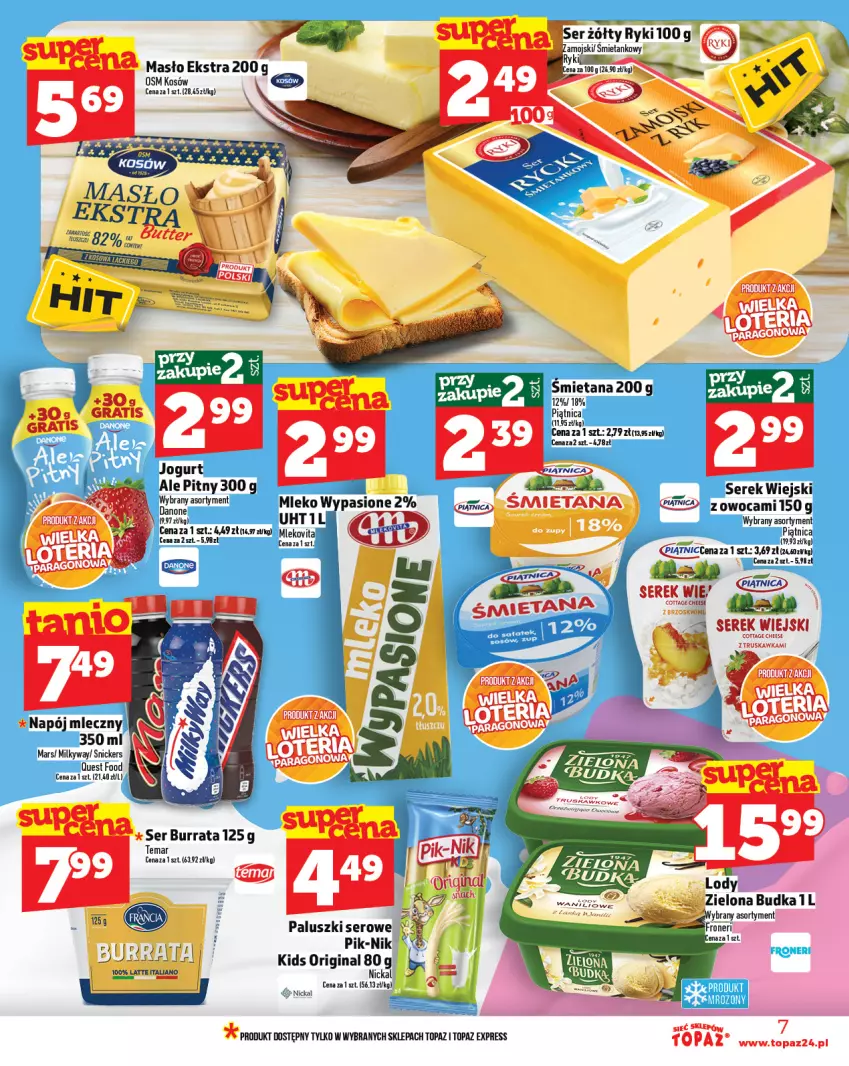 Gazetka promocyjna Topaz - Gazetka - ważna 02.10 do 08.10.2025 - strona 7 - produkty: Burrata, Danone, Fa, Gin, Jogurt, Mars, Masło, Mleko, Mlekovita, Napój, Napój mleczny, Piątnica, Ser, Serek, Serek wiejski, Snickers, Top