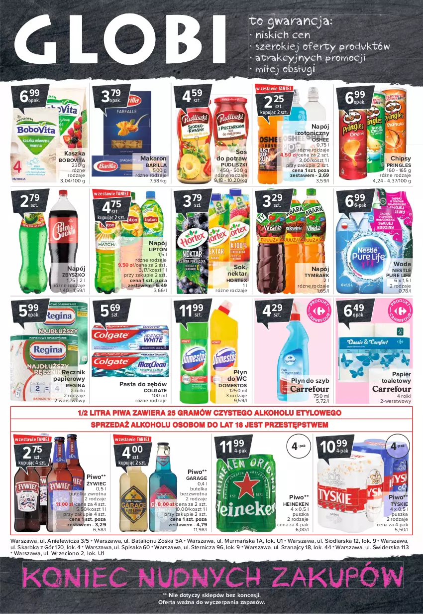 Gazetka promocyjna Carrefour - Gazetka Globi - ważna 16.08 do 23.08.2021 - strona 2 - produkty: Barilla, BoboVita, Chipsy, Colgate, Domestos, Gin, Gra, Heineken, Hortex, Kosz, LG, Lion, Lipton, Makaron, Napój, Napój izotoniczny, Nektar, Nestlé, Oshee, Papier, Papier toaletowy, Pasta do zębów, Piwa, Piwo, Płyn do szyb, Płyn do wc, Pringles, Pudliszki, Pur, Ręcznik, Rolki, Sok, Sos, Tymbark, Tyskie, Woda