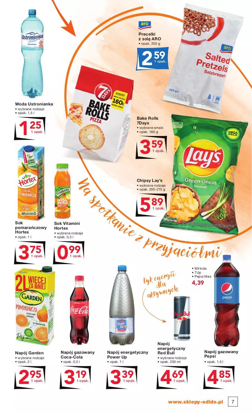 Gazetka promocyjna Odido - Jesienne OKAZJE - ważna 24.09 do 07.10.2021 - strona 7 - produkty: 7up, Bake Rolls, Chipsy, Coca-Cola, Hortex, Lay’s, Mirinda, Napój, Napój energetyczny, Napój gazowany, Pepsi, Pepsi max, Precelki, Red Bull, Sok, Sok pomarańczowy, Woda