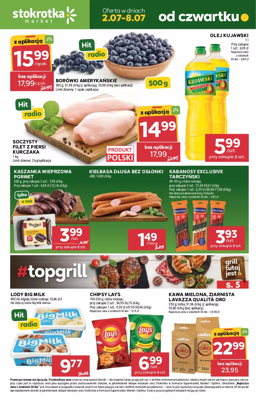 Gazetka promocyjna Stokrotka - Market - ważna 02.07 do 08.07.2026 - strona 1 - produkty: Algida, Big Milk, Chipsy, Filet z piersi kurczaka, Kabanos, Kasza, Kaszanka, Kawa, Kawa mielona, Kiełbasa, Kujawski, Kurczak, Lavazza, Lay’s, LG, Lody, Mięso, Olej, Optima, Owoce, Por, Tarczyński, Torba, Warzywa