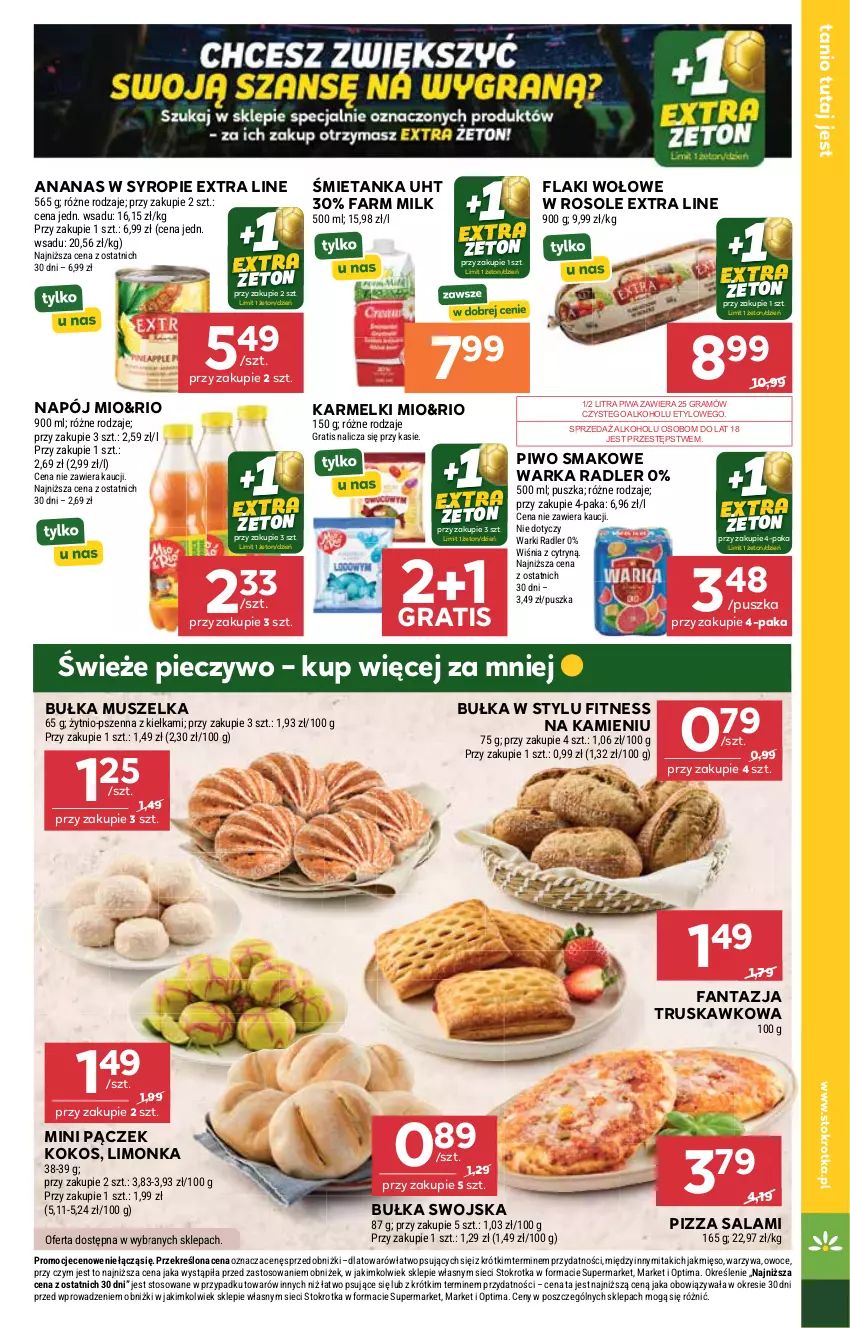 Gazetka promocyjna Stokrotka - Market - ważna 02.07 do 08.07.2026 - strona 21 - produkty: Ananas, Bułka, Fa, Fanta, Farm Milk, Flaki, Flaki wołowe, Gra, Kokos, Limonka, Mięso, Mus, Napój, Optima, Owoce, Pączek, Piec, Pieczywo, Piwa, Piwo, Pizza, Radler, Salami, Syrop, Warka, Warzywa