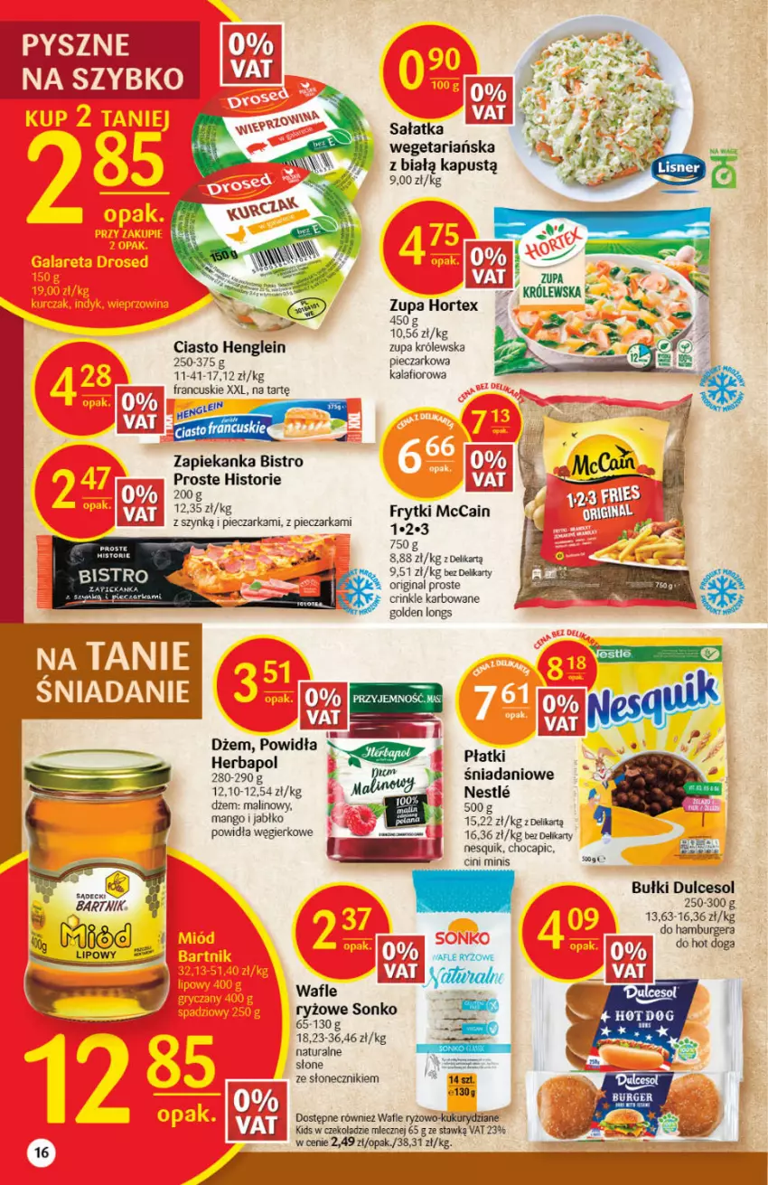 Gazetka promocyjna Delikatesy Centrum - Gazetka DC05 - ważna 03.02 do 09.02.2022 - strona 16 - produkty: Burger, Cini Minis, Danio, Dżem, Frytki, Gin, Hamburger, Herbapol, Hortex, Kalafior, Kapustą, Mango, McCain, Nesquik, Piec, Pieczarka, Ryż, Sałat, Sałatka, Ser, Sonko, Wafle, Zapiekanka, Zupa