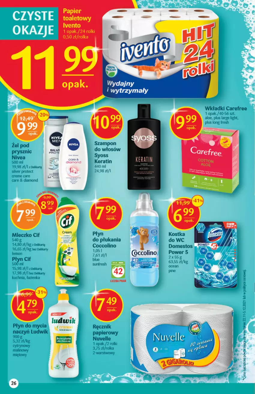 Gazetka promocyjna Delikatesy Centrum - Gazetka DC05 - ważna 03.02 do 09.02.2022 - strona 26 - produkty: Carefree, Cif, Coccolino, Do mycia naczyń, Domestos, Kostka do wc, Kuchnia, Ludwik, Mleczko, Nivea, Papier, Płyn do mycia, Płyn do mycia naczyń, Płyn do płukania, Ręcznik, Rolki, Szampon, Wkładki