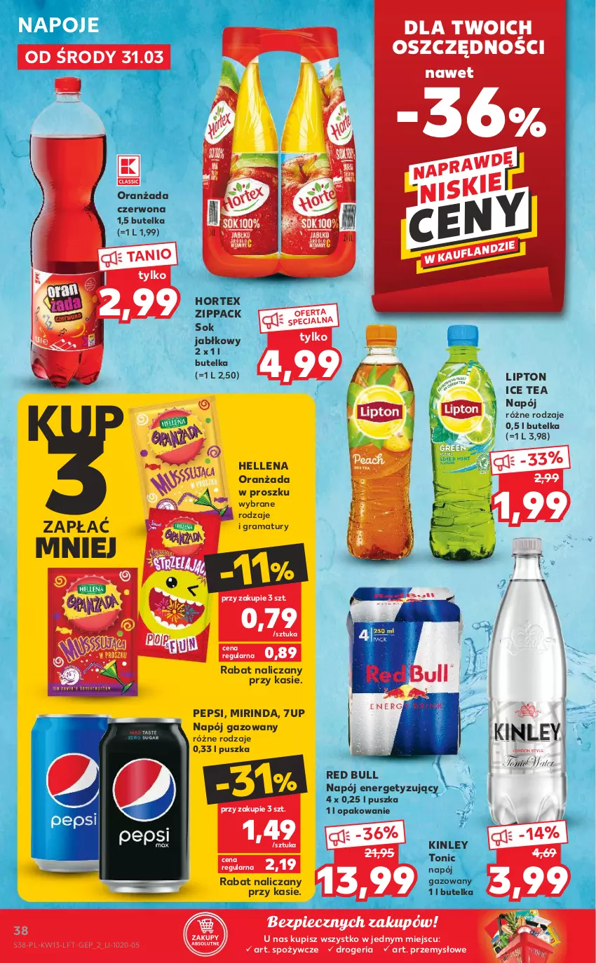 Gazetka promocyjna Kaufland - OFERTA TYGODNIA - ważna 31.03 do 07.04.2021 - strona 38 - produkty: 7up, Gra, Hellena, Hortex, Ice tea, Lipton, Mirinda, Napój, Napój gazowany, Napoje, Oranżada, Pepsi, Piec, Rama, Red Bull, Sok, Sok jabłkowy