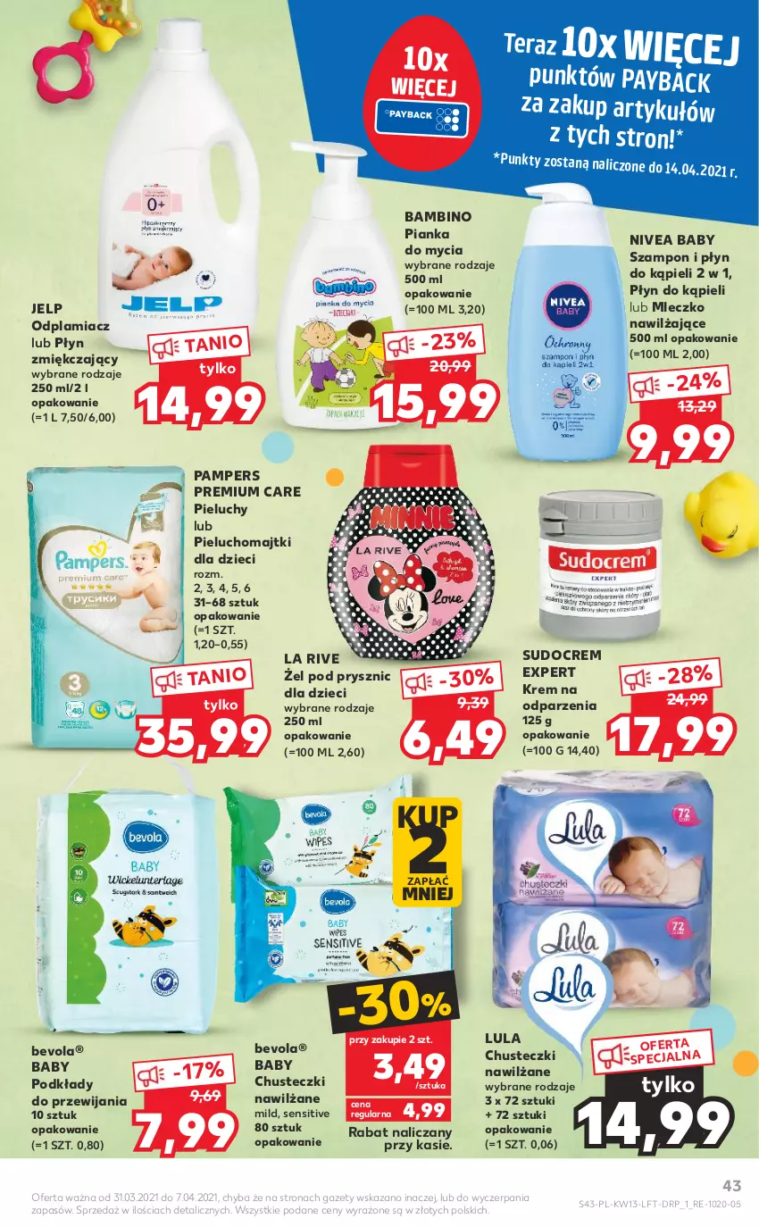 Gazetka promocyjna Kaufland - OFERTA TYGODNIA - ważna 31.03 do 07.04.2021 - strona 43 - produkty: Chusteczki, Dzieci, La Rive, Majtki, Mleczko, Nivea, Nivea Baby, Odplamiacz, Pampers, Pieluchomajtki, Pieluchy, Płyn do kąpieli, Podkład, Szampon, Tera