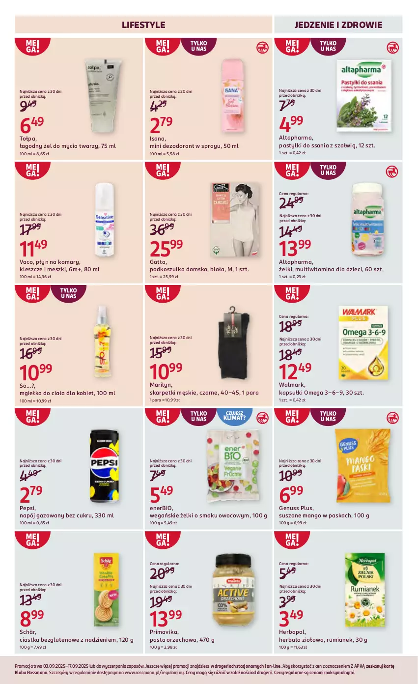 Gazetka promocyjna Rossmann - 3 września - ważna 03.09 do 17.09.2025 - strona 13 - produkty: Ciastka, Dezodorant, Dzieci, Enerbio, Gatta, Genuss Plus, Herbapol, Herbata, Isana, Karp, Kosz, Koszulka, Mango, Marilyn, Napój, Napój gazowany, Pastylki, Pepsi, Prima, Primavika, Rum, Skarpetki, Tołpa, Walmark, Zdrowie