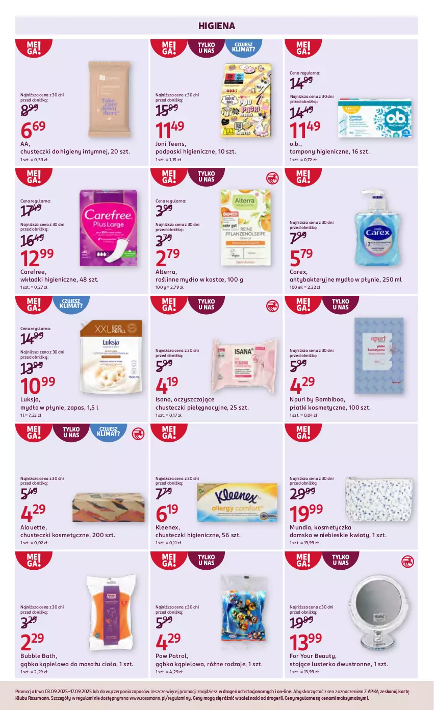 Gazetka promocyjna Rossmann - 3 września - ważna 03.09 do 17.09.2025 - strona 5 - produkty: Alouette, Alterra, Antybakteryjne mydło, Carefree, Chusteczki, Chusteczki do higieny, Chusteczki kosmetyczne, For Your Beauty, Isana, Kosmetyczka, Luksja, Mydło, Mydło w płynie, O.B., Płatki kosmetyczne, Podpaski, Pur, Tampony, Wkładki