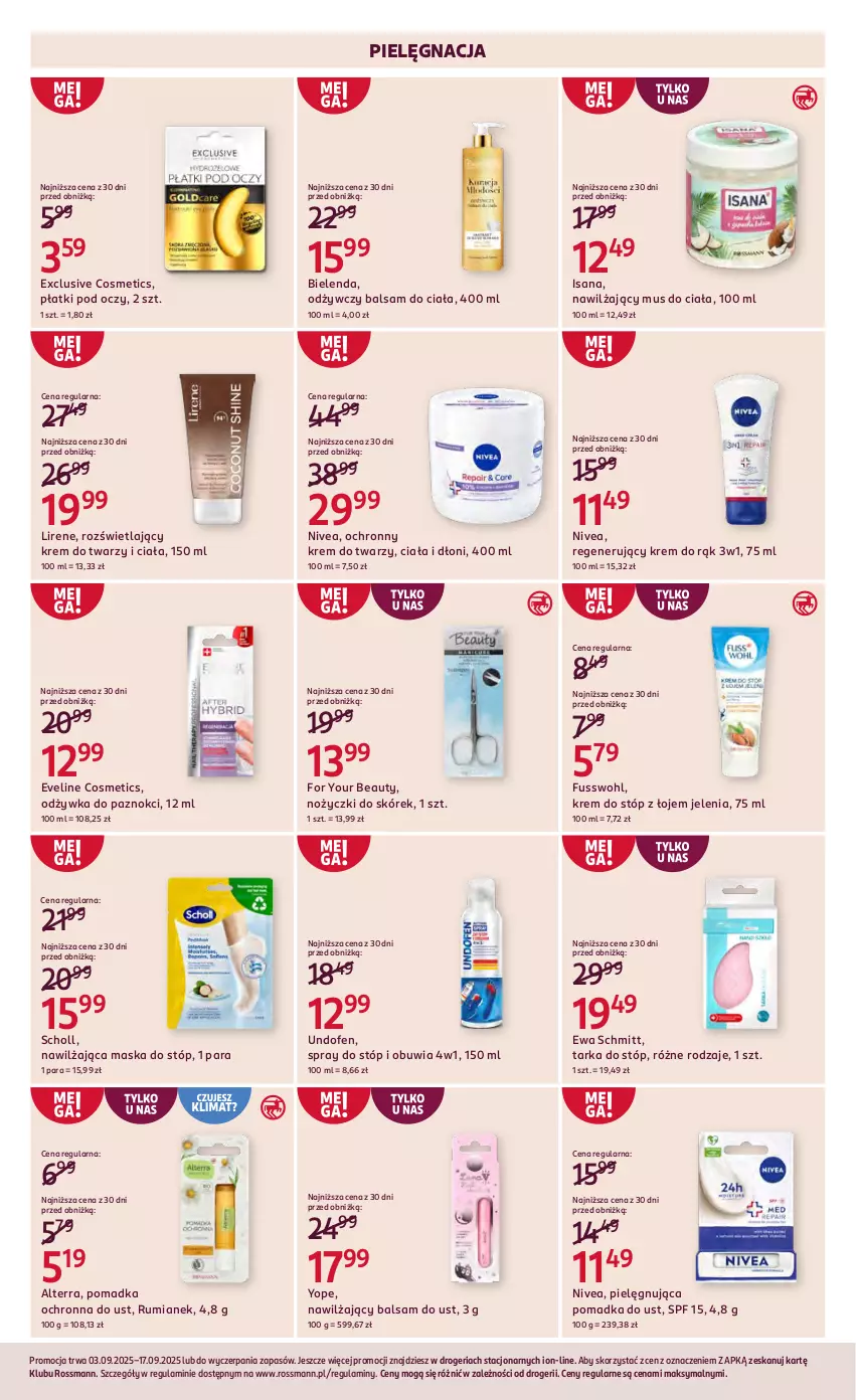 Gazetka promocyjna Rossmann - 3 września - ważna 03.09 do 17.09.2025 - strona 8 - produkty: Alterra, Balsam do ciała, Balsam do ust, Bielenda, Eveline, Ewa Schmitt, For Your Beauty, Isana, Krem do rąk, Krem do stóp, Krem do twarzy, Lirene, Maska, Maska do stóp, Mus, Nawilżający balsam, Nivea, Noż, Nożyczki, Ochronny krem, Odżywka, Rum, Scholl, Tarka, Tarka do stóp, Undofen, Yope