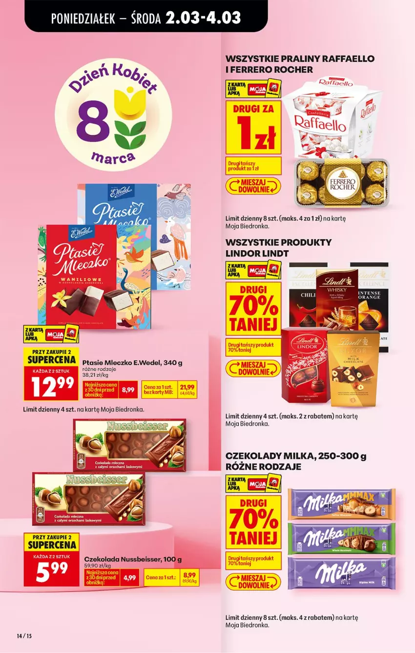 Gazetka promocyjna Biedronka - Od Poniedziałku - ważna 02.03 do 07.03.2026 - strona 18 - produkty: Czekolada, Czekolada mleczna, Fa, Ferrero, Ferrero Rocher, Lindor, Lindt, Milka, Mleczko, Praliny, Ptasie mleczko, Raffaello, Ser, Whisky