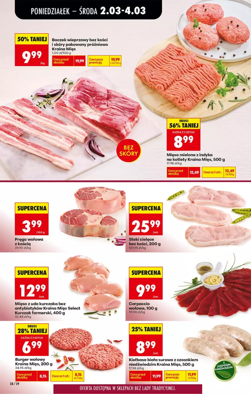 Gazetka promocyjna Biedronka - Od Poniedziałku - ważna 02.03 do 07.03.2026 - strona 34 - produkty: Boczek, Boczek wieprzowy, Burger, Carpaccio, Fa, Kiełbasa, Kiełbasa biała, Kotlet, Kurczak, Mięso, Mięso mielone, Mięso z uda kurczaka