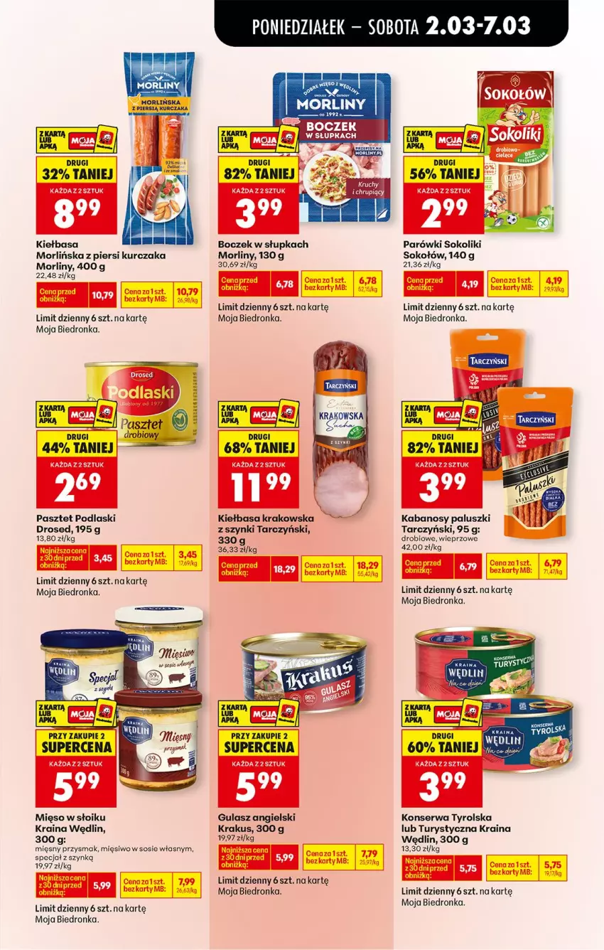 Gazetka promocyjna Biedronka - Od Poniedziałku - ważna 02.03 do 07.03.2026 - strona 49 - produkty: Boczek, Kabanos, Kiełbasa, Krakus, Kurczak, Mięso, Mięso w słoiku, Morliny, Parówki, Parówki sokoliki, Pasztet, Podlaski, Ser, Sok, Sokołów, Sos, Tarczyński
