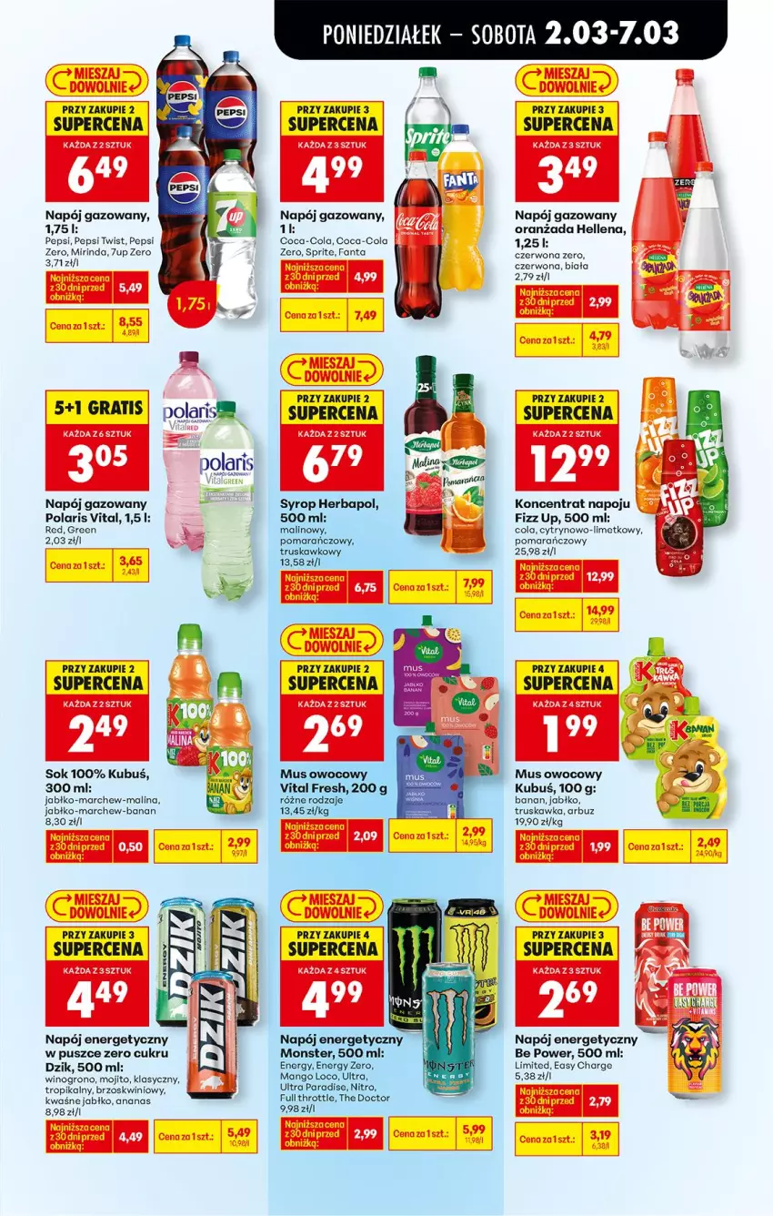 Gazetka promocyjna Biedronka - Od Poniedziałku - ważna 02.03 do 07.03.2026 - strona 69 - produkty: 7up, Ananas, Arbuz, Coca-Cola, Fa, Fanta, Full Throttle, Gra, Hellena, Herbapol, Kubuś, Mango, Mirinda, Mus, Napój, Napój energetyczny, Napój gazowany, Pepsi, Sok, Sprite, Syrop, Wino