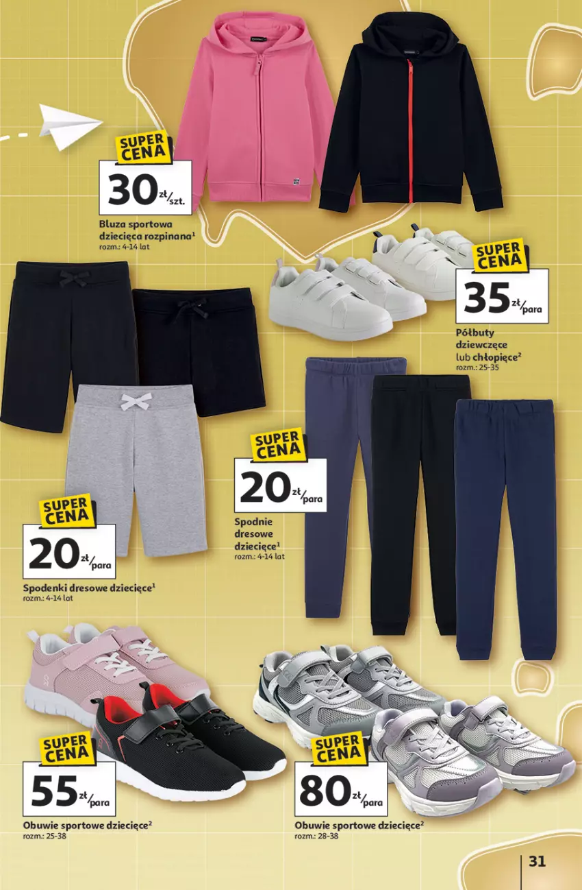 Gazetka promocyjna Auchan - Odlotowe ceny na start szkoły Hipermarket - ważna 17.07 do 30.07.2025 - strona 31 - produkty: Bluza, Buty, Dres, Dzieci, Gin, Obuwie, Półbuty, Por, Spodnie, Spodnie dresowe, Sport